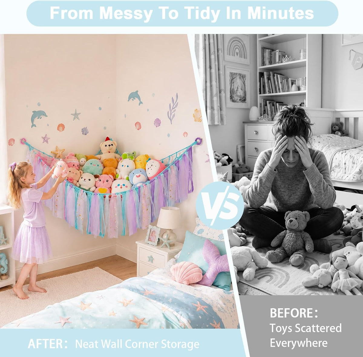 Stuffed Animals Net LED Light Toy Hammock for Kids Bedroom Storage