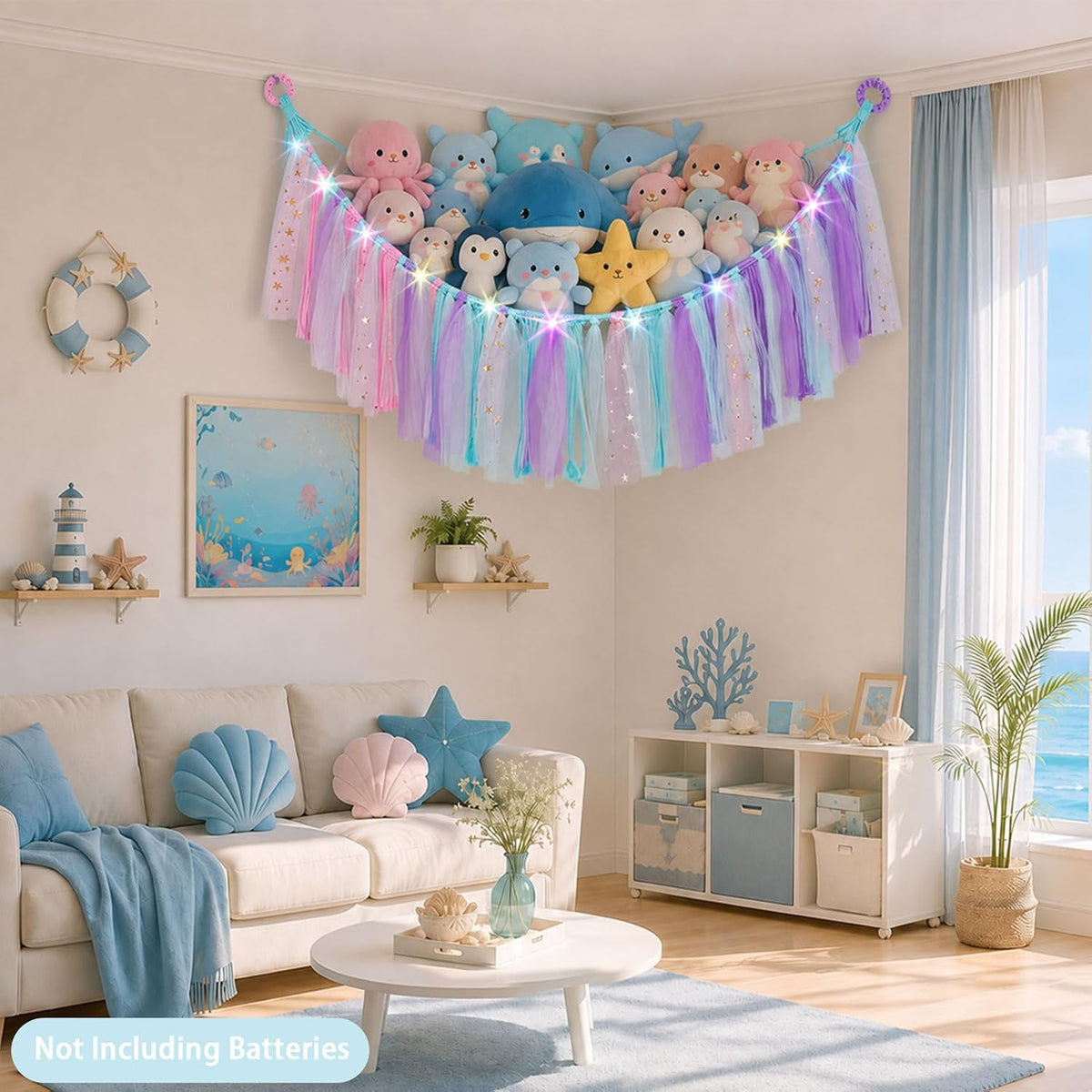 Stuffed Animals Net LED Light Toy Hammock for Kids Bedroom Storage