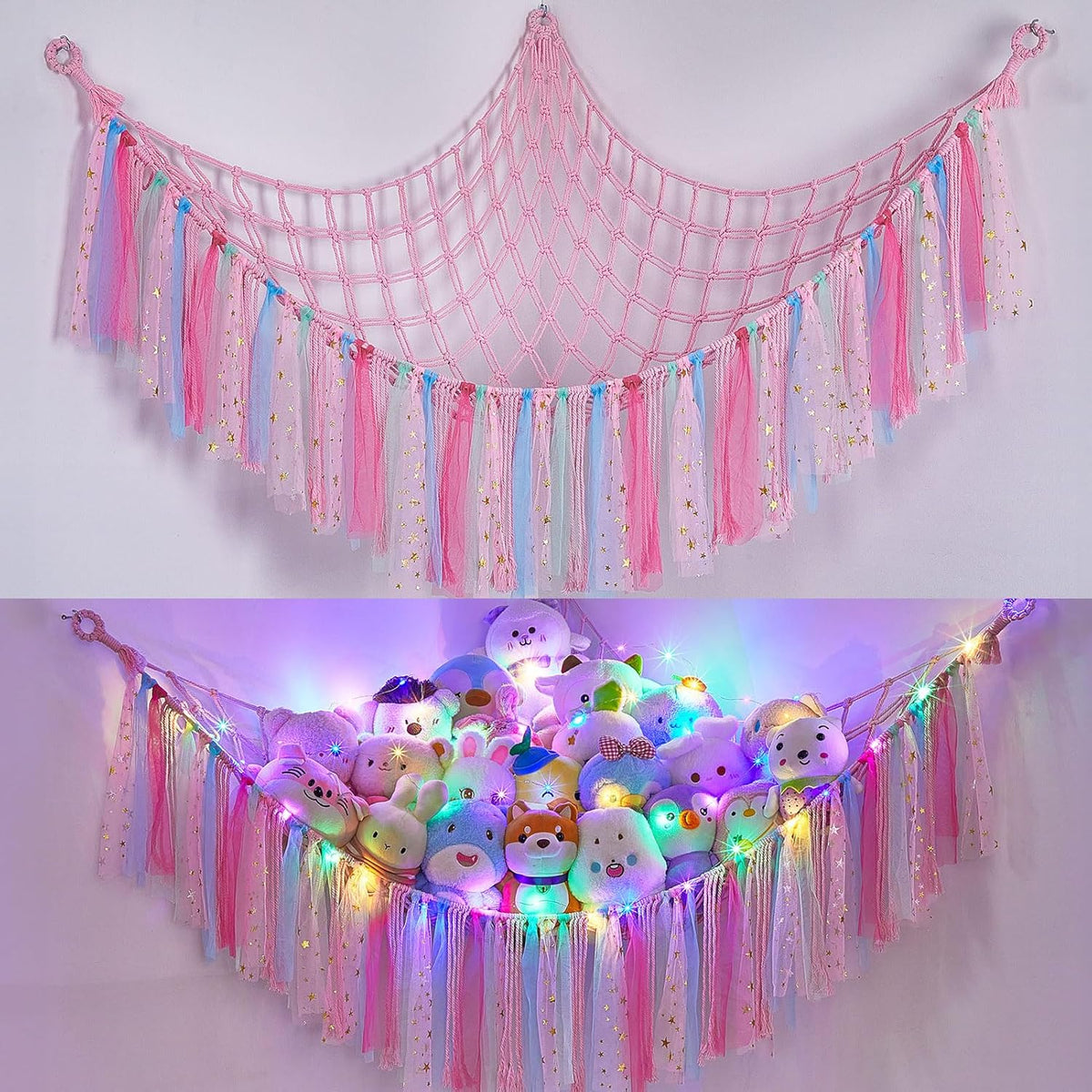 Stuffed Animals Net LED Light Toy Hammock for Kids Bedroom Storage