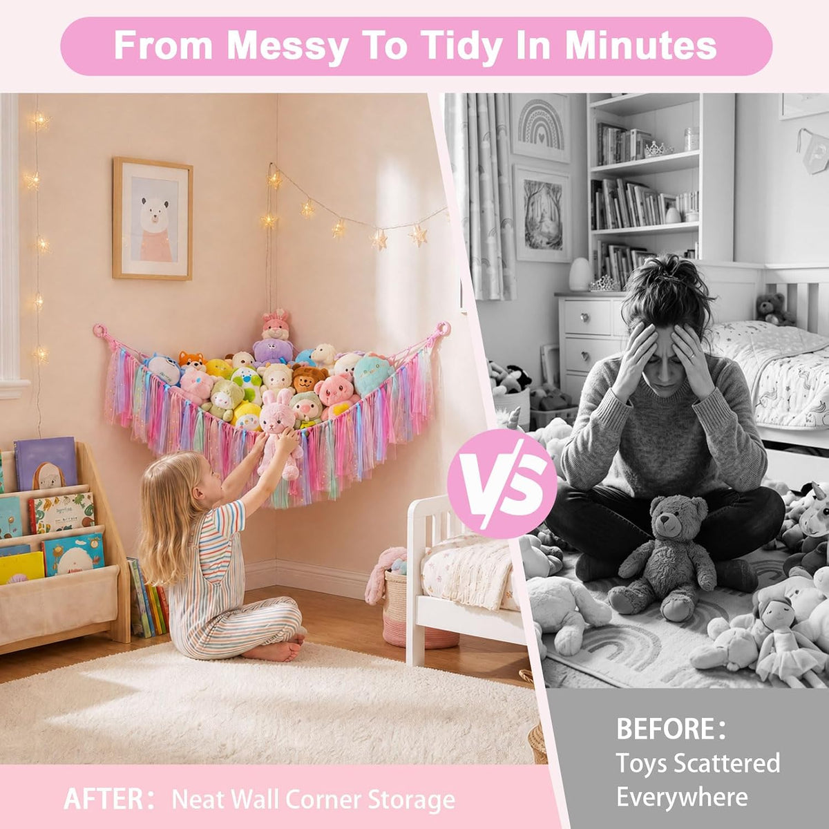 Stuffed Animals Net LED Light Toy Hammock for Kids Bedroom Storage