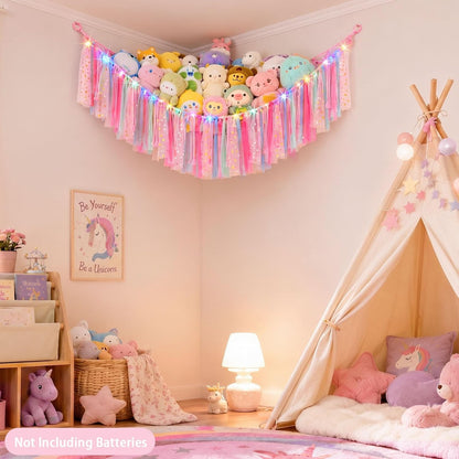 Stuffed Animals Net LED Light Toy Hammock for Kids Bedroom Storage
