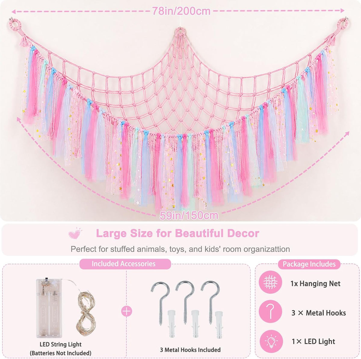 Stuffed Animals Net LED Light Toy Hammock for Kids Bedroom Storage