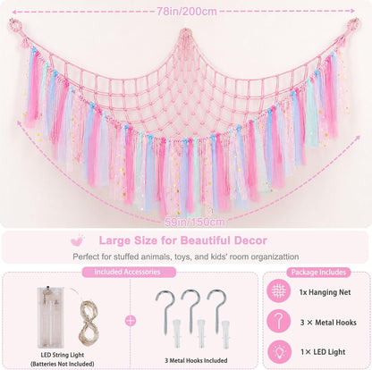 Stuffed Animals Net LED Light Toy Hammock for Kids Bedroom Storage