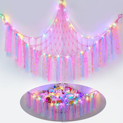 Stuffed Animals Net LED Light Toy Hammock for Kids Bedroom Storage