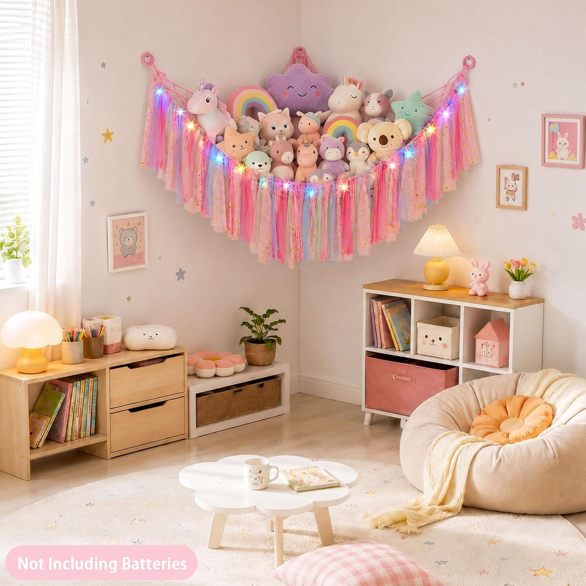 Stuffed Animals Net LED Light Toy Hammock for Kids Bedroom Storage
