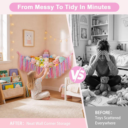 Stuffed Animals Net LED Light Toy Hammock for Kids Bedroom Storage