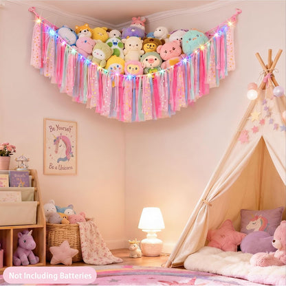 Stuffed Animals Net LED Light Toy Hammock for Kids Bedroom Storage