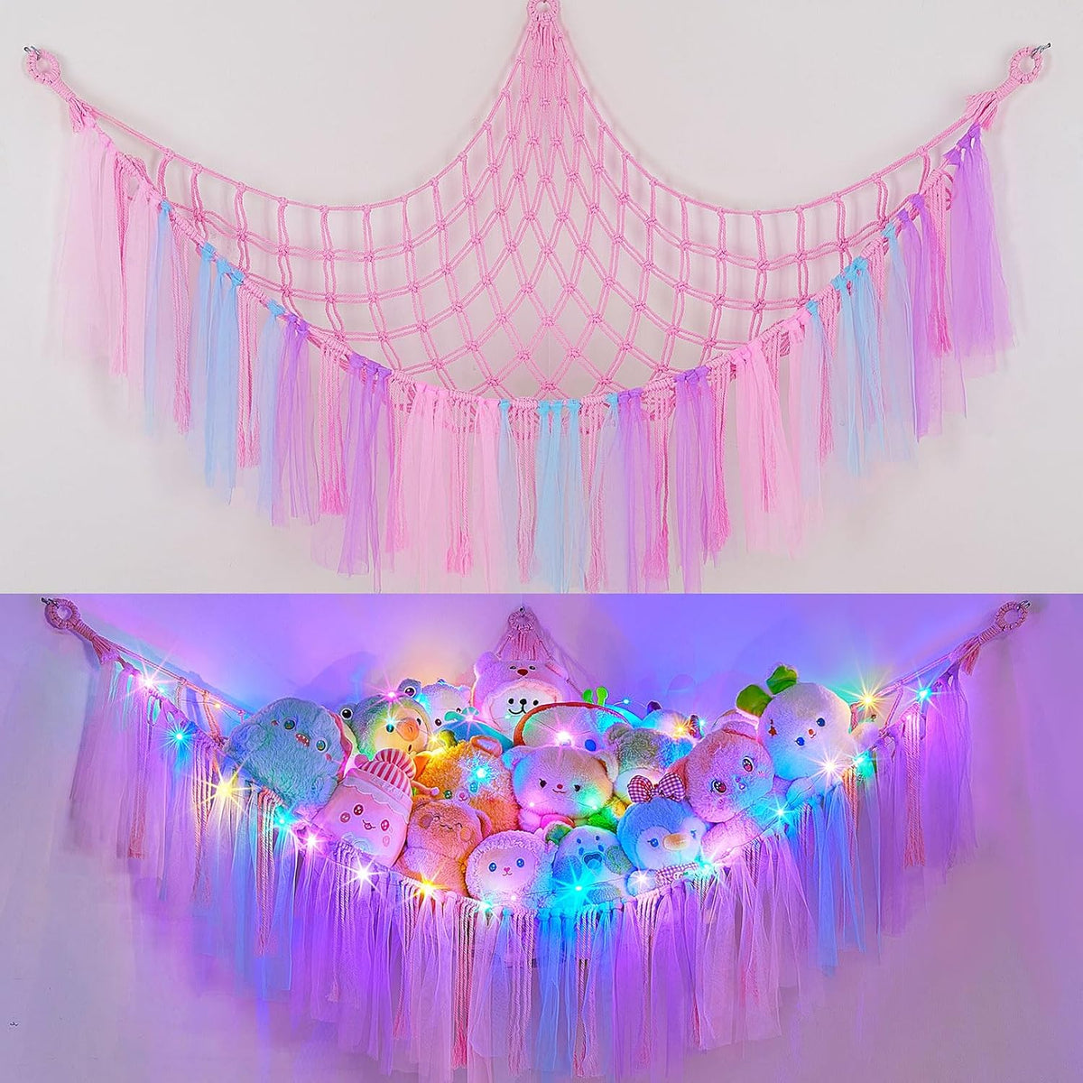 Stuffed Animals Net LED Light Toy Hammock for Kids Bedroom Storage