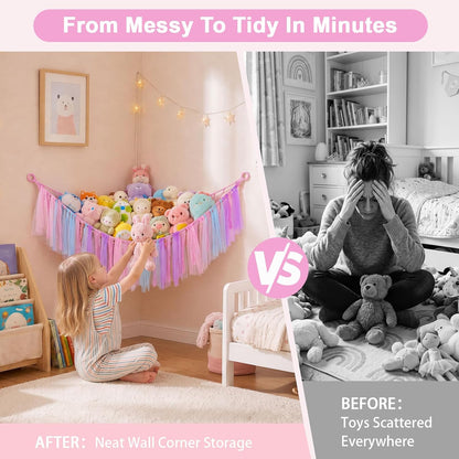 Stuffed Animals Net LED Light Toy Hammock for Kids Bedroom Storage