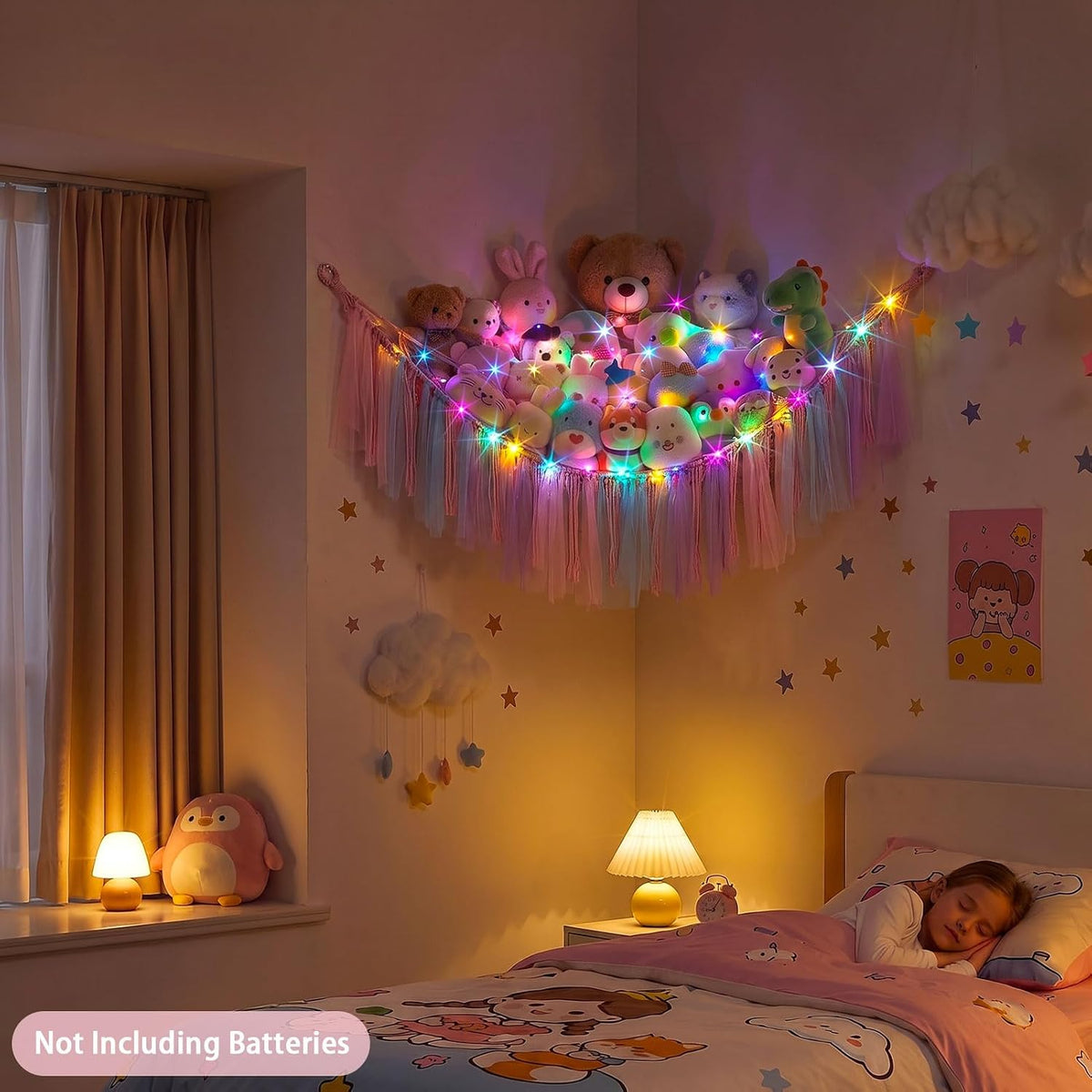 Stuffed Animals Net LED Light Toy Hammock for Kids Bedroom Storage
