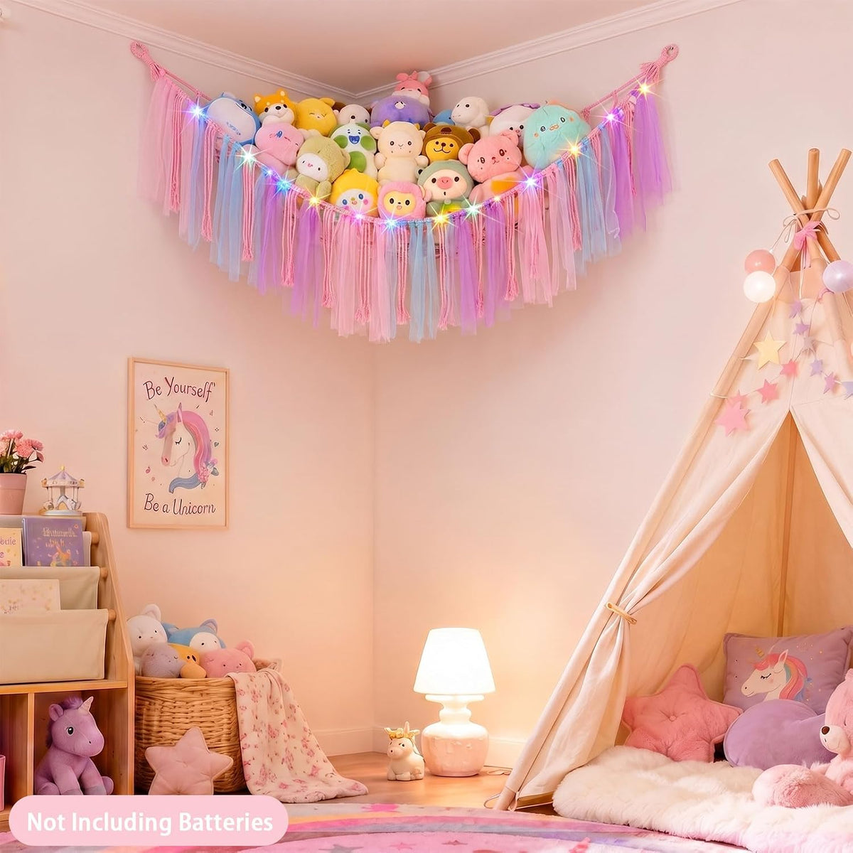 Stuffed Animals Net LED Light Toy Hammock for Kids Bedroom Storage