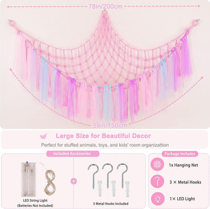 Stuffed Animals Net LED Light Toy Hammock for Kids Bedroom Storage