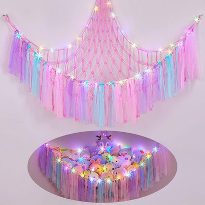 Stuffed Animals Net LED Light Toy Hammock for Kids Bedroom Storage