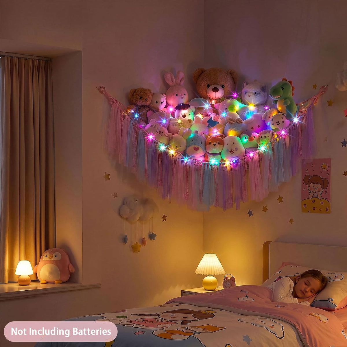 Stuffed Animals Net LED Light Toy Hammock for Kids Bedroom Storage