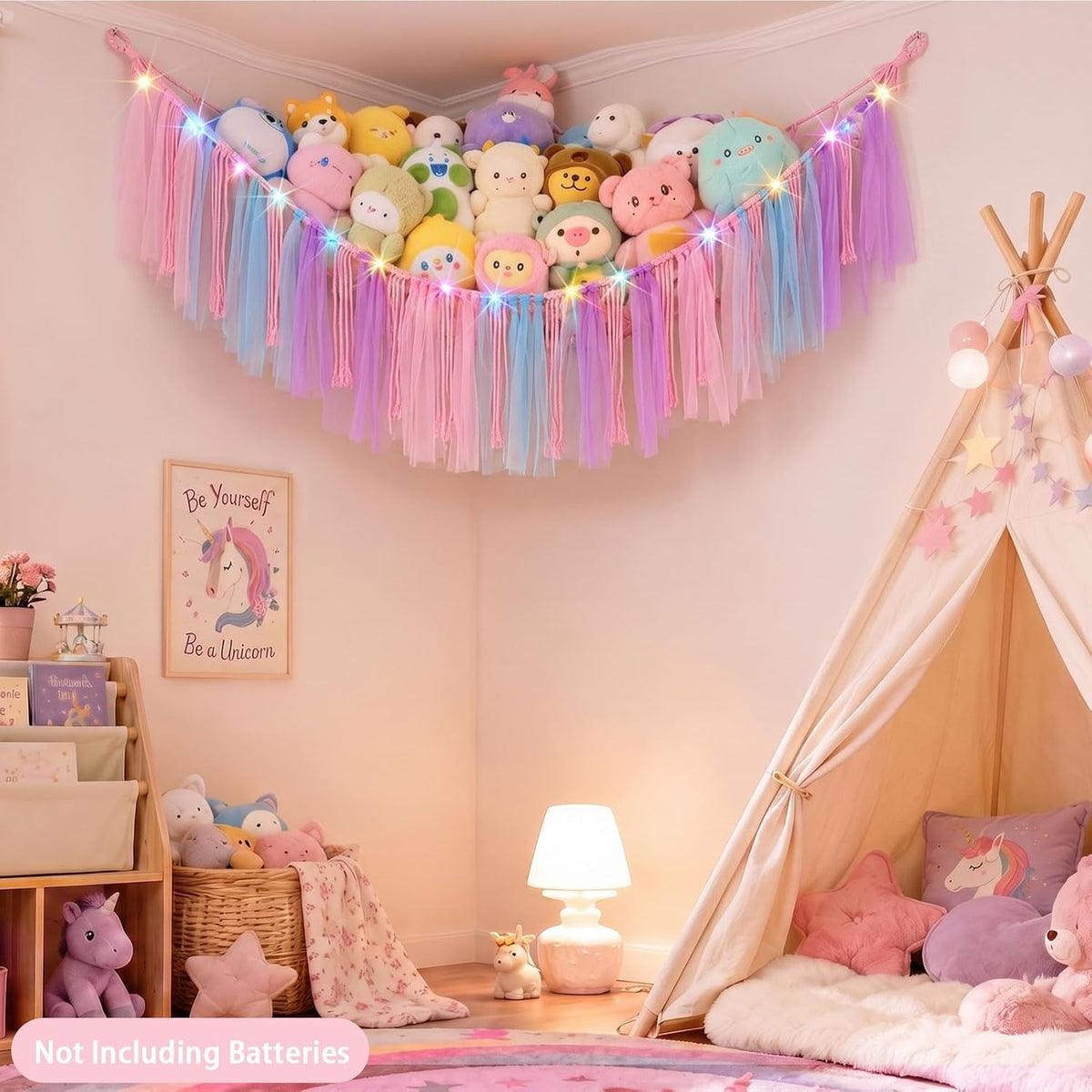 Stuffed Animals Net LED Light Toy Hammock for Kids Bedroom Storage