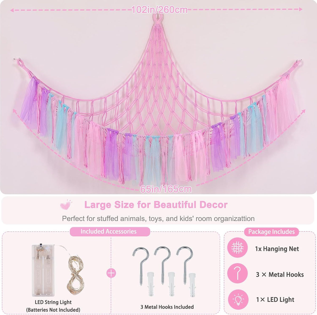 Stuffed Animals Net LED Light Toy Hammock for Kids Bedroom Storage