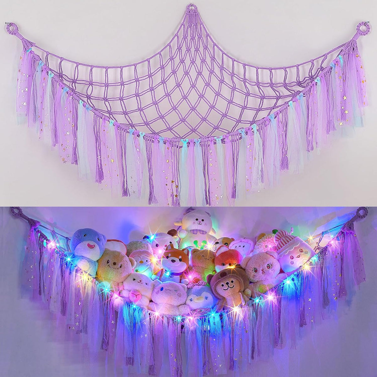 Stuffed Animals Net LED Light Toy Hammock for Kids Bedroom Storage