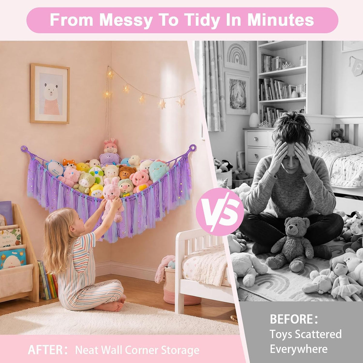 Stuffed Animals Net LED Light Toy Hammock for Kids Bedroom Storage