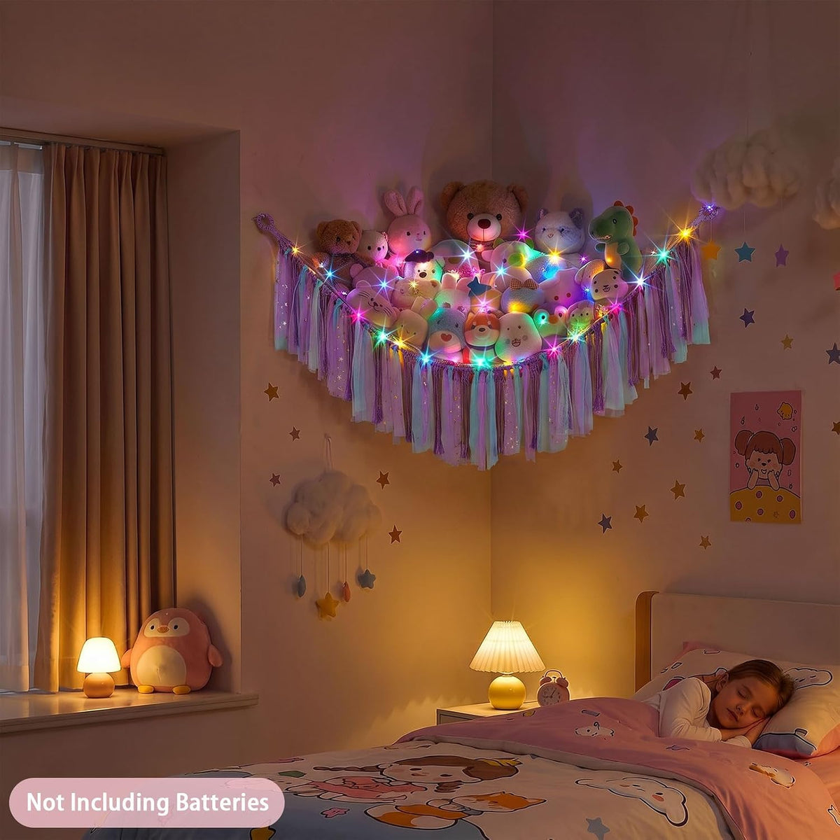 Stuffed Animals Net LED Light Toy Hammock for Kids Bedroom Storage