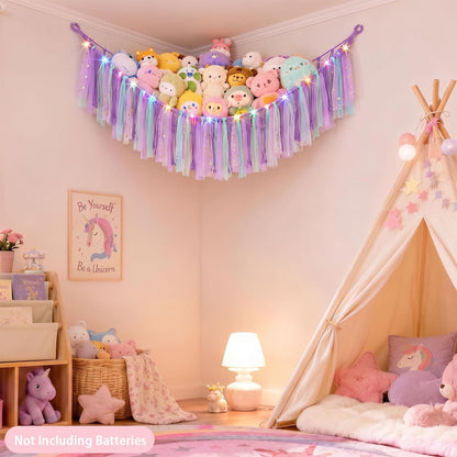 Stuffed Animals Net LED Light Toy Hammock for Kids Bedroom Storage