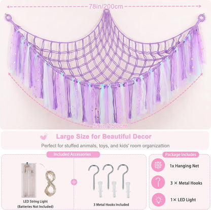 Stuffed Animals Net LED Light Toy Hammock for Kids Bedroom Storage