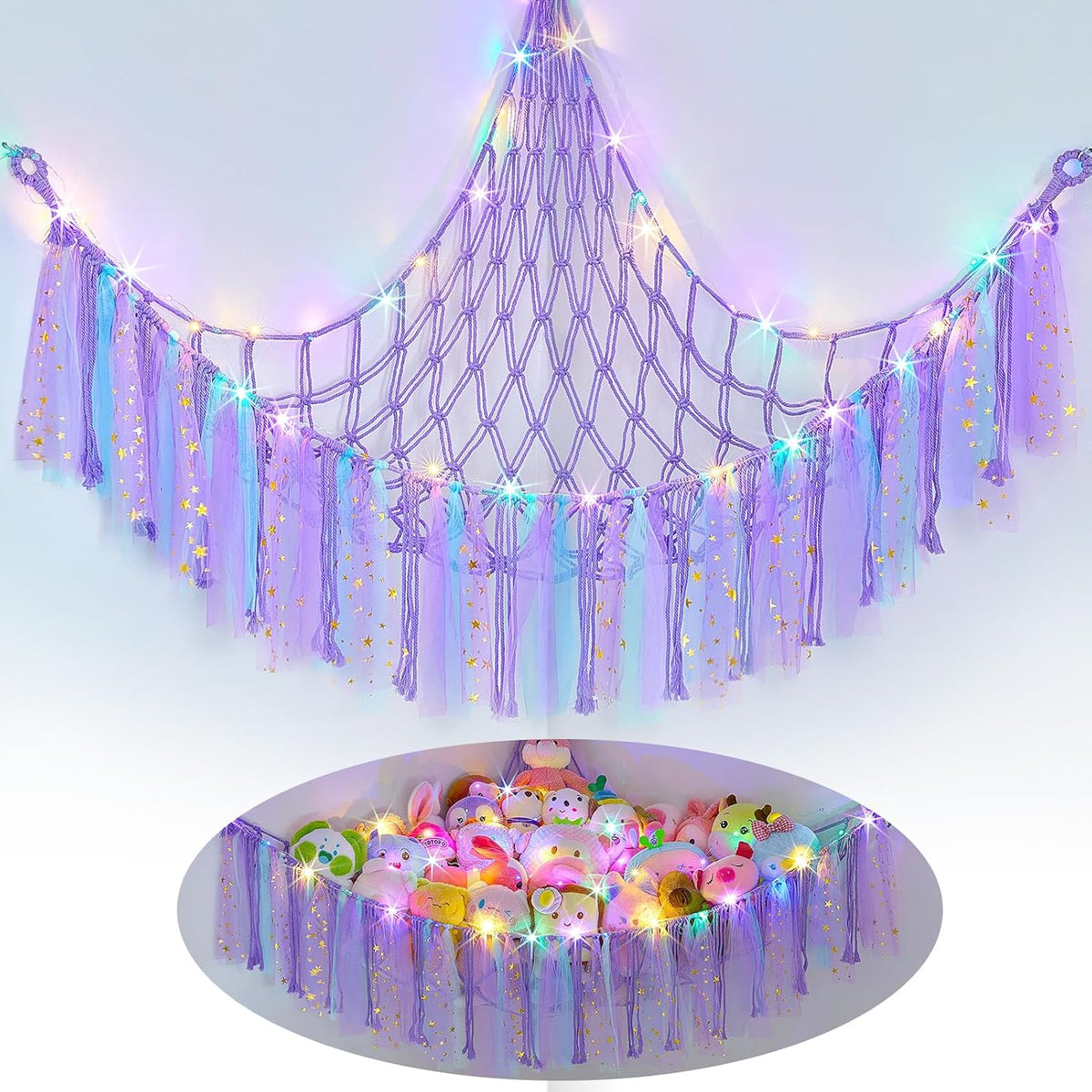 Stuffed Animals Net LED Light Toy Hammock for Kids Bedroom Storage