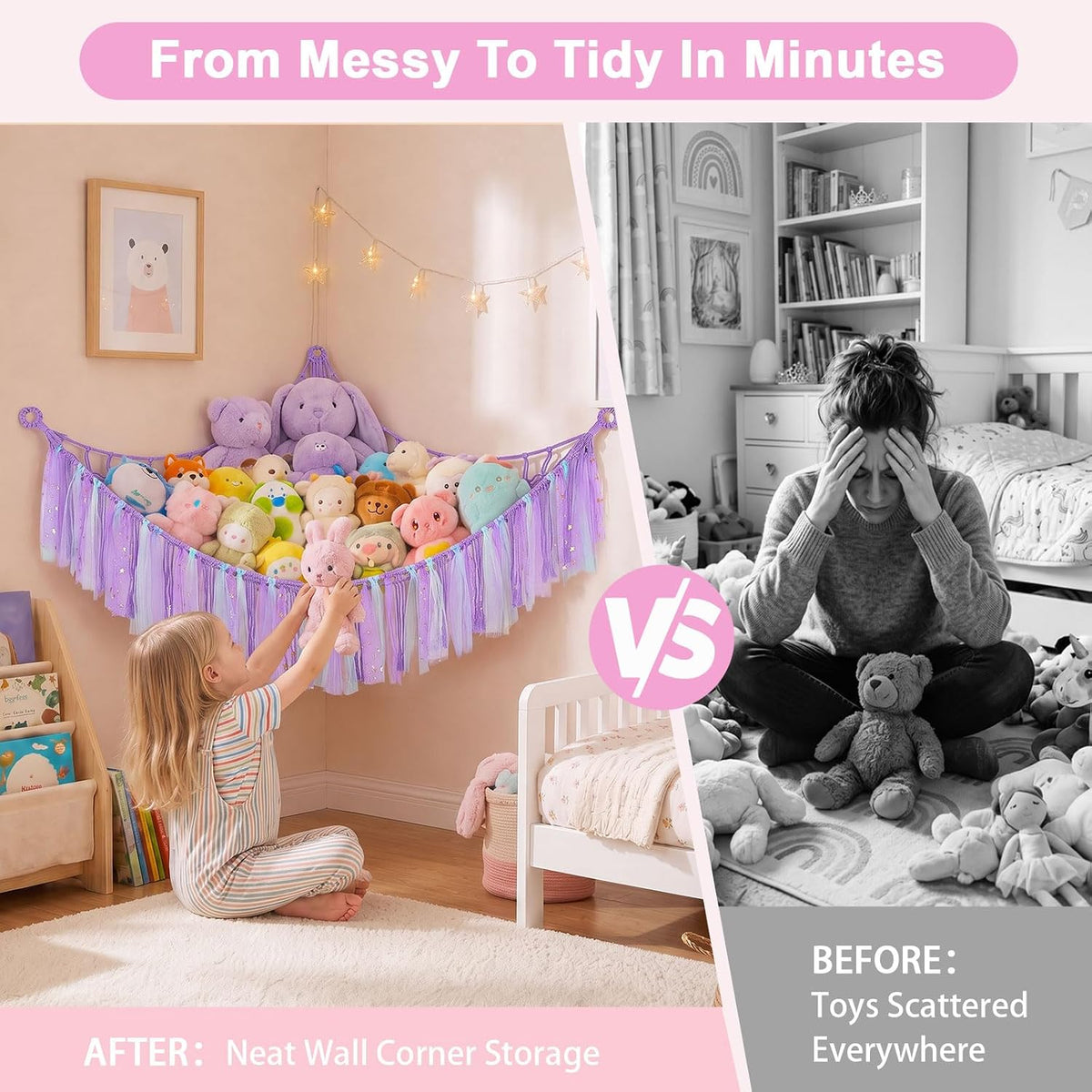 Stuffed Animals Net LED Light Toy Hammock for Kids Bedroom Storage