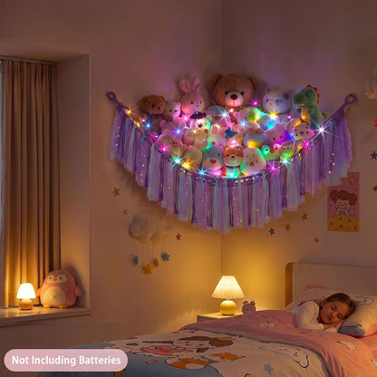 Stuffed Animals Net LED Light Toy Hammock for Kids Bedroom Storage