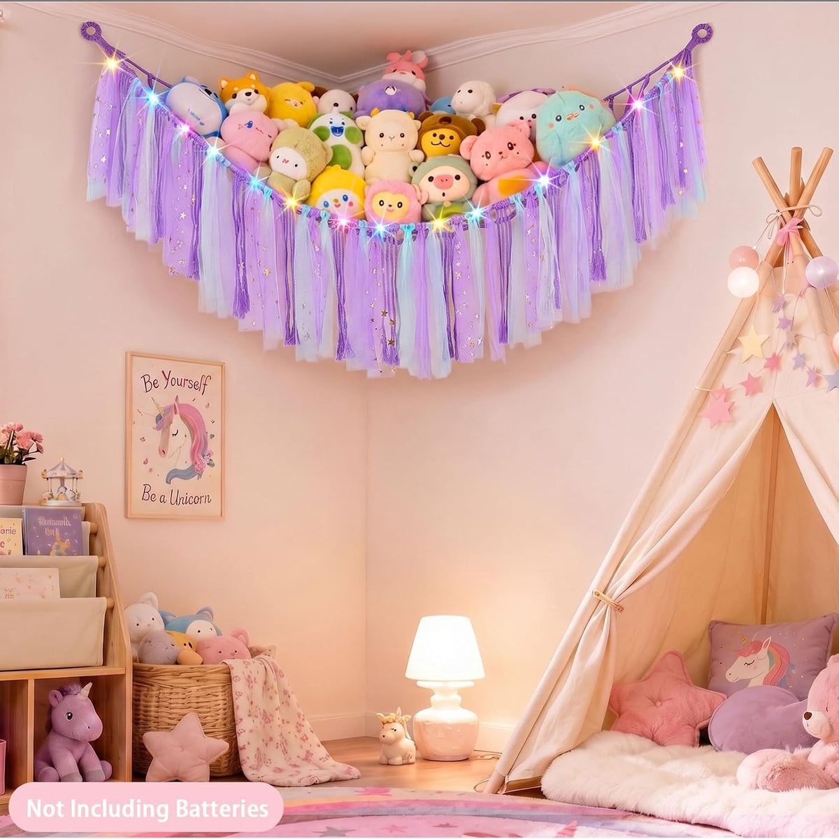 Stuffed Animals Net LED Light Toy Hammock for Kids Bedroom Storage