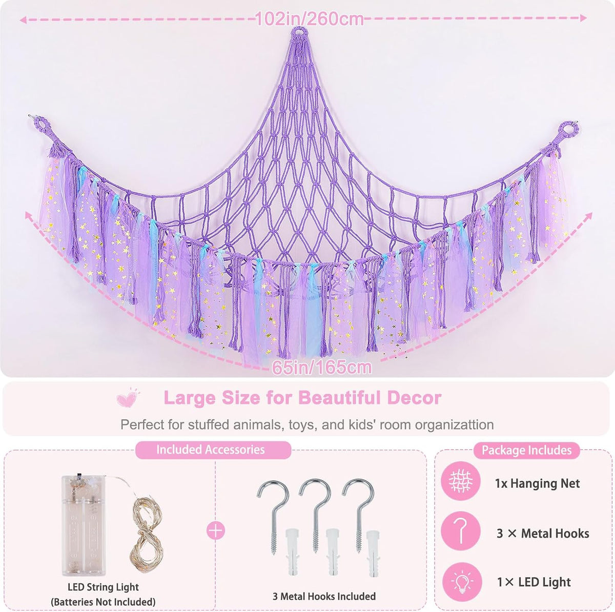 Stuffed Animals Net LED Light Toy Hammock for Kids Bedroom Storage