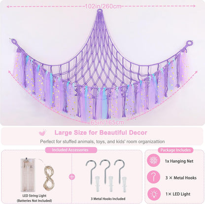 Stuffed Animals Net LED Light Toy Hammock for Kids Bedroom Storage
