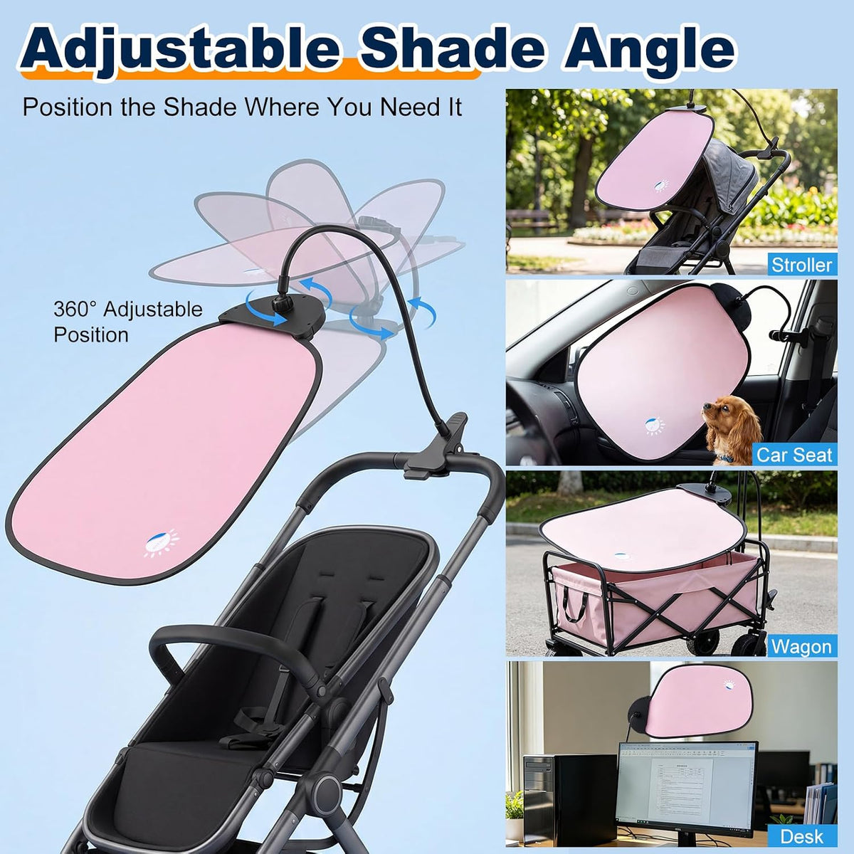 Clip-on Stroller Sun Shade, 24.4'' x 14.2'' with Adjustable Universal Clamp Blocks Light, Glare, Disturbances Clip on Side Panel Shade UV Protection for Strollers, Pet Strollers, Car Windows