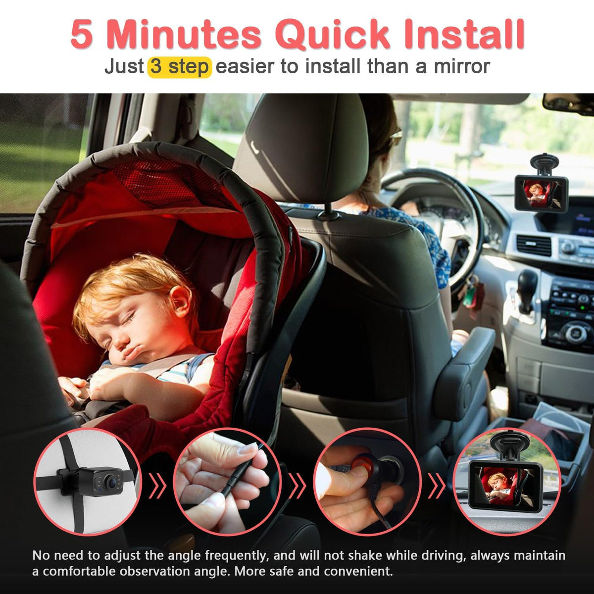 Baby Car Camera, 4.3'' 1080P Night Vision Car Baby Mirror with Camera 5 Mins Easy Installation Crystal Clear Wide View for Rear Facing Seat ACZ407