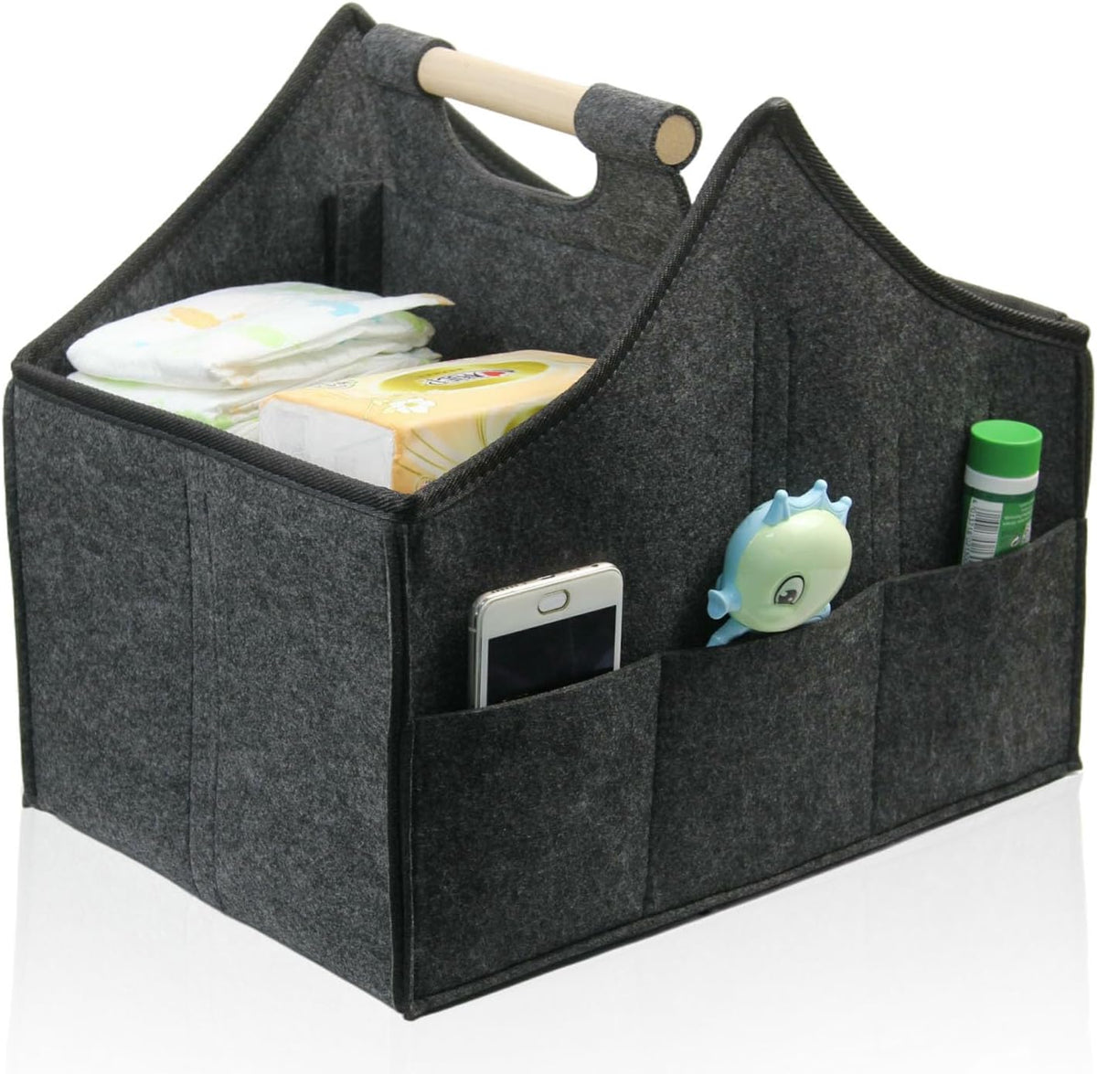 Baby Diaper Caddy Organizer,car felt caddy, baby product storage basket, solid wood handle, detachable partition storage basket for daycare,Best Gift Basket for Babies (black)