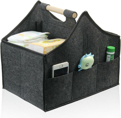 Baby Diaper Caddy Organizer,car felt caddy, baby product storage basket, solid wood handle, detachable partition storage basket for daycare,Best Gift Basket for Babies (black)