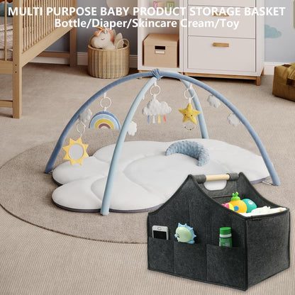 Baby Diaper Caddy Organizer,car felt caddy, baby product storage basket, solid wood handle, detachable partition storage basket for daycare,Best Gift Basket for Babies (black)