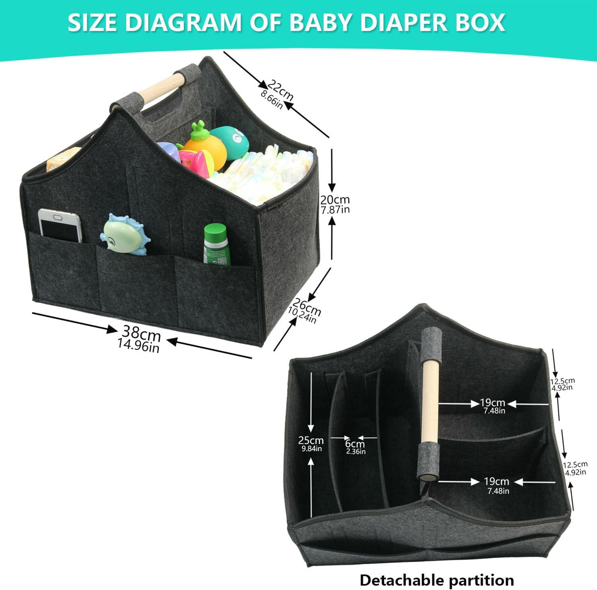 Baby Diaper Caddy Organizer,car felt caddy, baby product storage basket, solid wood handle, detachable partition storage basket for daycare,Best Gift Basket for Babies (black)