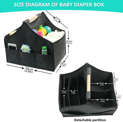 Baby Diaper Caddy Organizer,car felt caddy, baby product storage basket, solid wood handle, detachable partition storage basket for daycare,Best Gift Basket for Babies (black)
