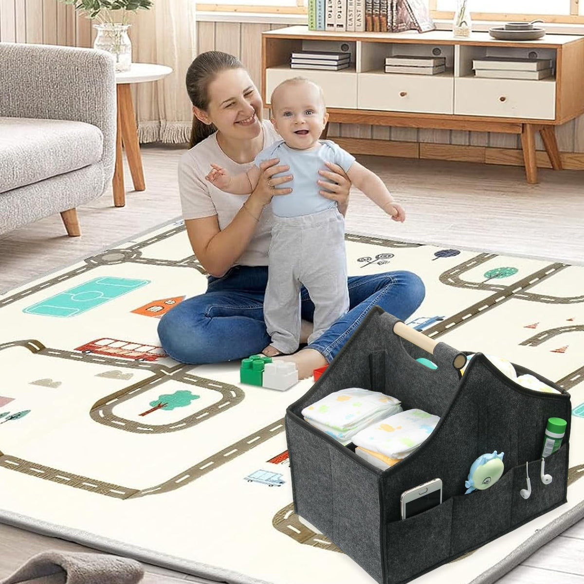 Baby Diaper Caddy Organizer,car felt caddy, baby product storage basket, solid wood handle, detachable partition storage basket for daycare,Best Gift Basket for Babies (black)