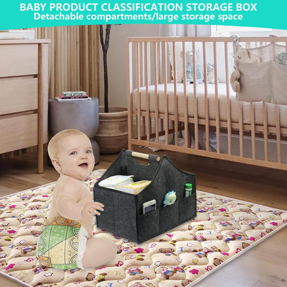 Baby Diaper Caddy Organizer,car felt caddy, baby product storage basket, solid wood handle, detachable partition storage basket for daycare,Best Gift Basket for Babies (black)