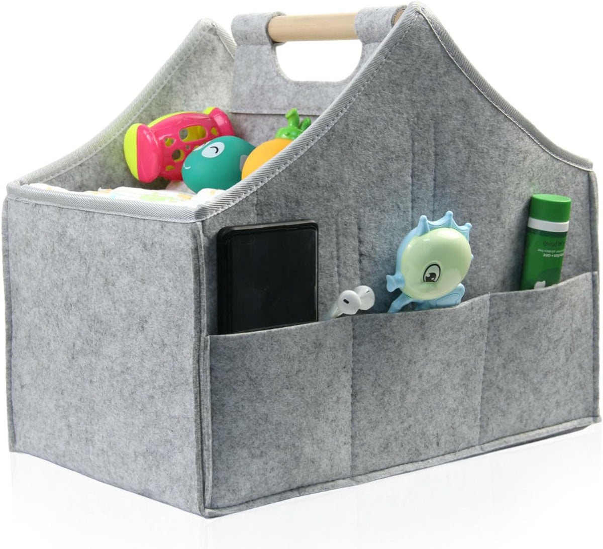 Baby Diaper Caddy Organizer,car felt caddy, baby product storage basket, solid wood handle, detachable partition storage basket for daycare,Best Gift Basket for Babies (black)