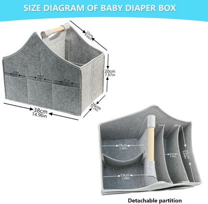 Baby Diaper Caddy Organizer,car felt caddy, baby product storage basket, solid wood handle, detachable partition storage basket for daycare,Best Gift Basket for Babies (black)
