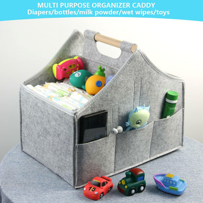 Baby Diaper Caddy Organizer,car felt caddy, baby product storage basket, solid wood handle, detachable partition storage basket for daycare,Best Gift Basket for Babies (black)