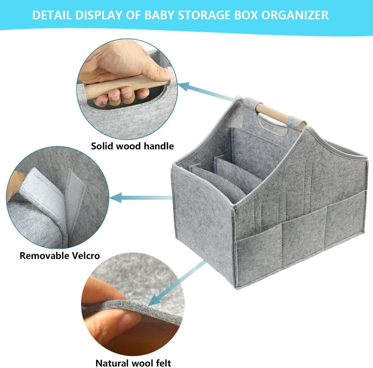Baby Diaper Caddy Organizer,car felt caddy, baby product storage basket, solid wood handle, detachable partition storage basket for daycare,Best Gift Basket for Babies (black)