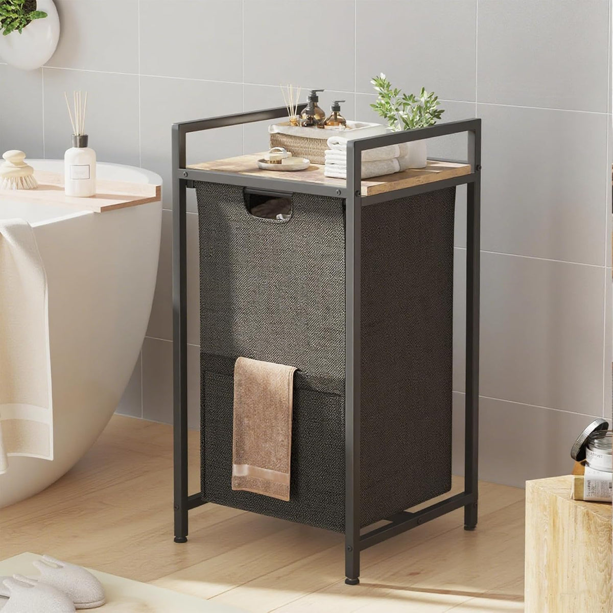 Double Compartment Laundry Basket, Laundry Sorter with Top Shelf, 2 Removable Washable Bags, Side Pockets, Black & White