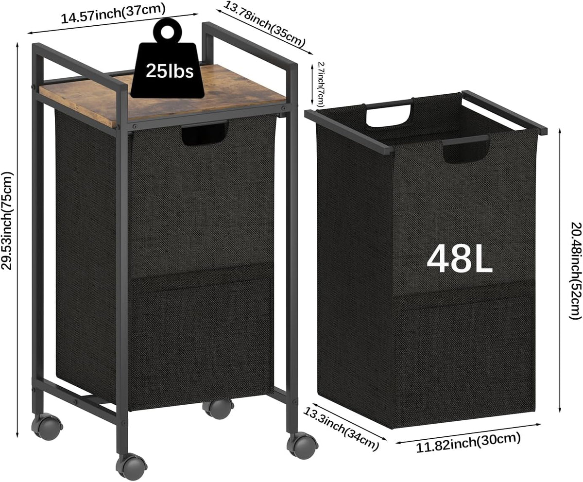 Double Compartment Laundry Basket, Laundry Sorter with Top Shelf, 2 Removable Washable Bags, Side Pockets, Black & White