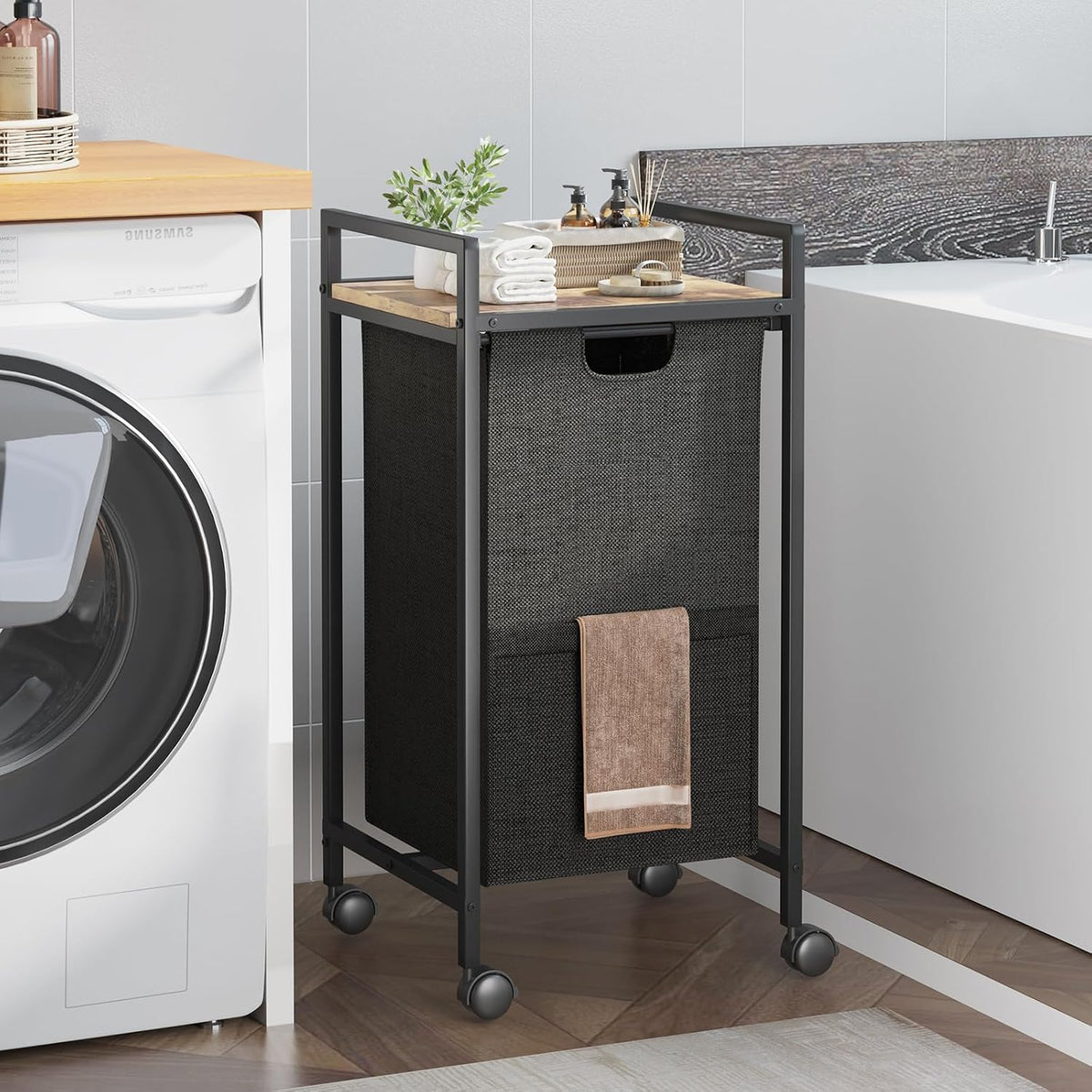 Double Compartment Laundry Basket, Laundry Sorter with Top Shelf, 2 Removable Washable Bags, Side Pockets, Black & White