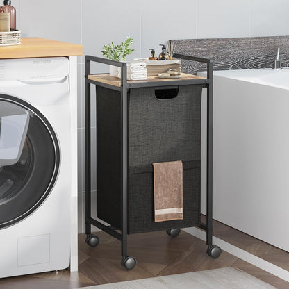 Double Compartment Laundry Basket, Laundry Sorter with Top Shelf, 2 Removable Washable Bags, Side Pockets, Black & White
