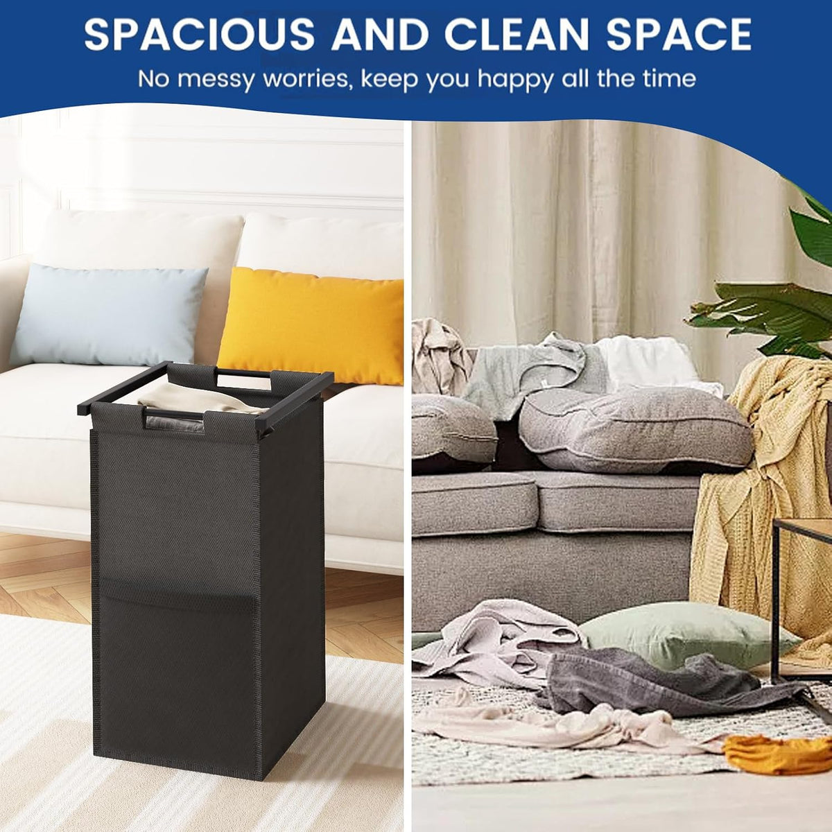 Double Compartment Laundry Basket, Laundry Sorter with Top Shelf, 2 Removable Washable Bags, Side Pockets, Black & White