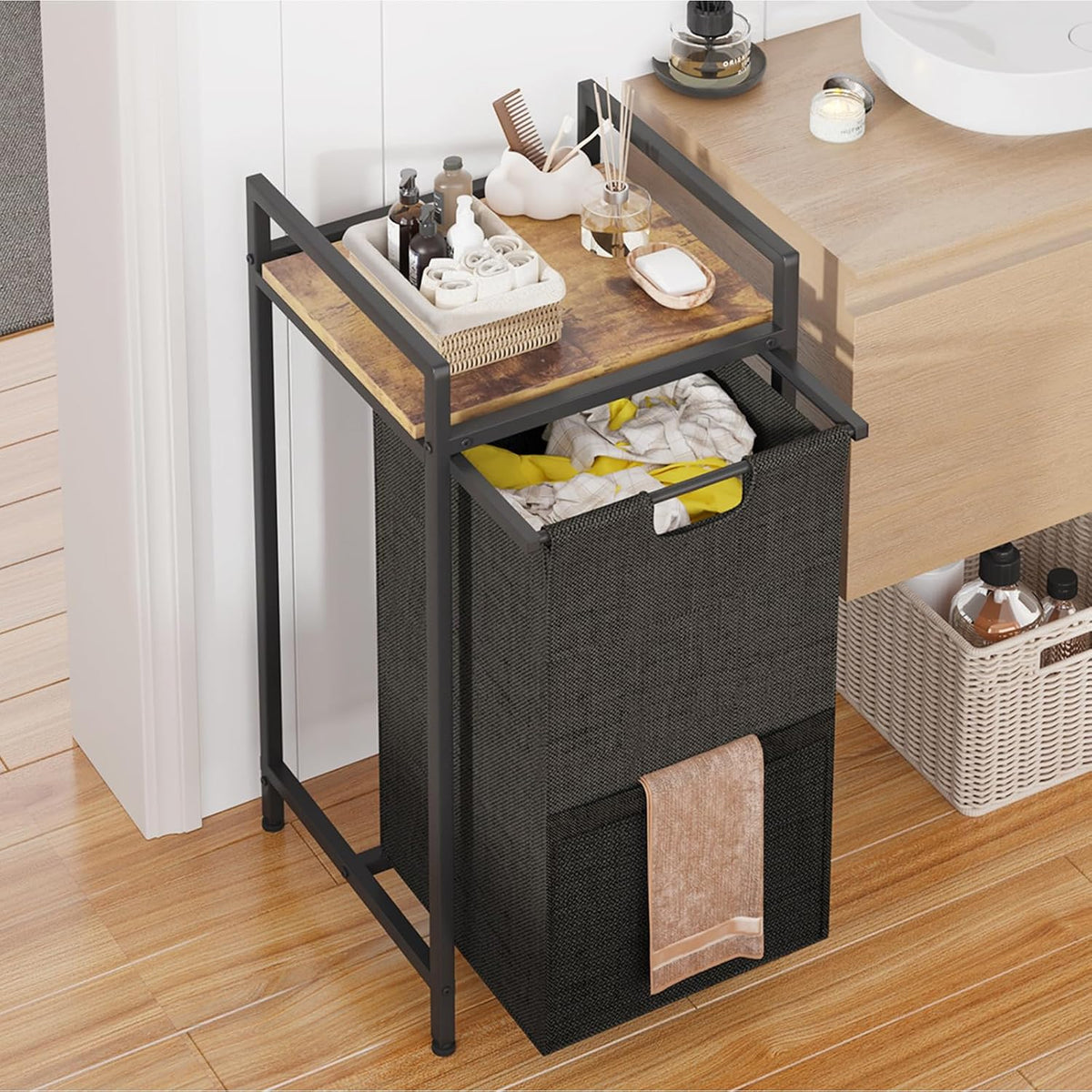 Double Compartment Laundry Basket, Laundry Sorter with Top Shelf, 2 Removable Washable Bags, Side Pockets, Black & White